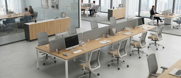 Thiết kế không gian làm việc mở (Open Office) với cụm bàn dài 6 người